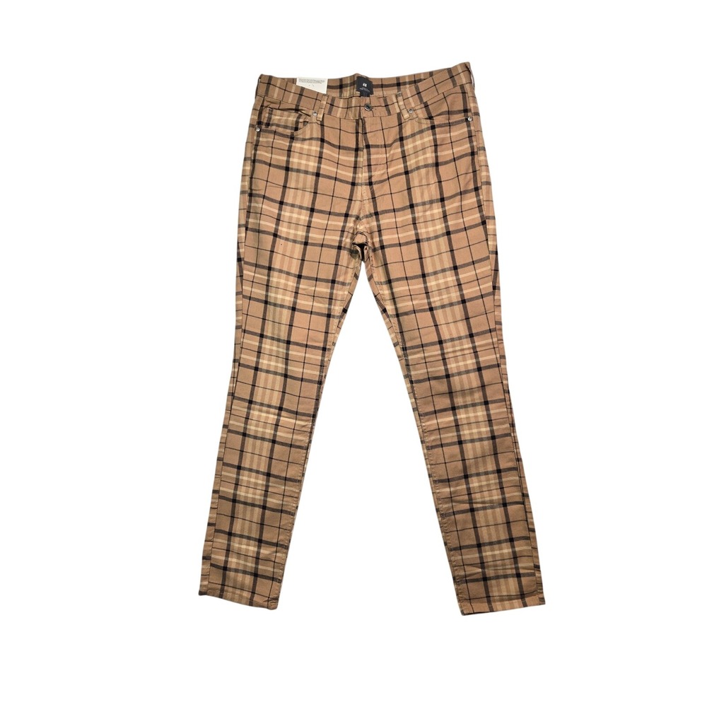 H&M Skinny Fit Pants Men 34 Tan Plaid Tartan Stretch Trousers Dark Academia